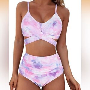 NWOT American Trends Womens High Waisted Bikini Swimsuits Push Up Tie Dye Large